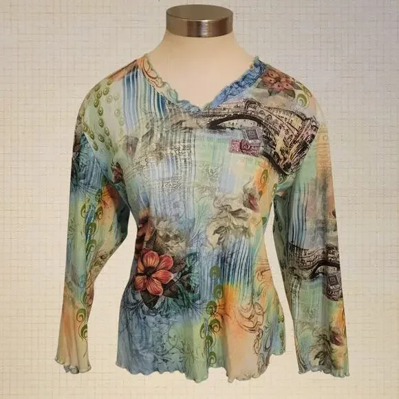 Y2K Impulse California Green Graphic Blouse Lettuce Trim XL - Picture 1 of 7